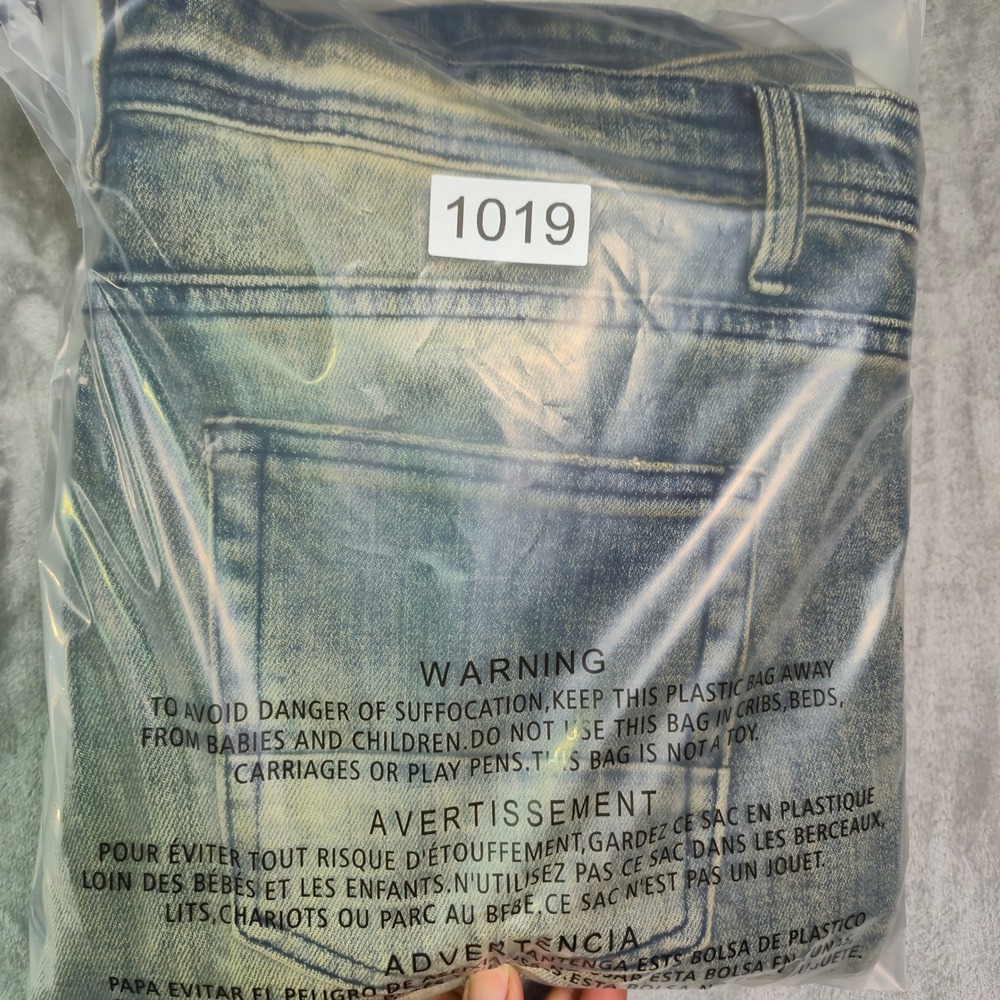 Fashion Nova Men Distressed Leopard Print Inset Jeans Vintage Blue Wash Size 34 - Picture 7 of 7